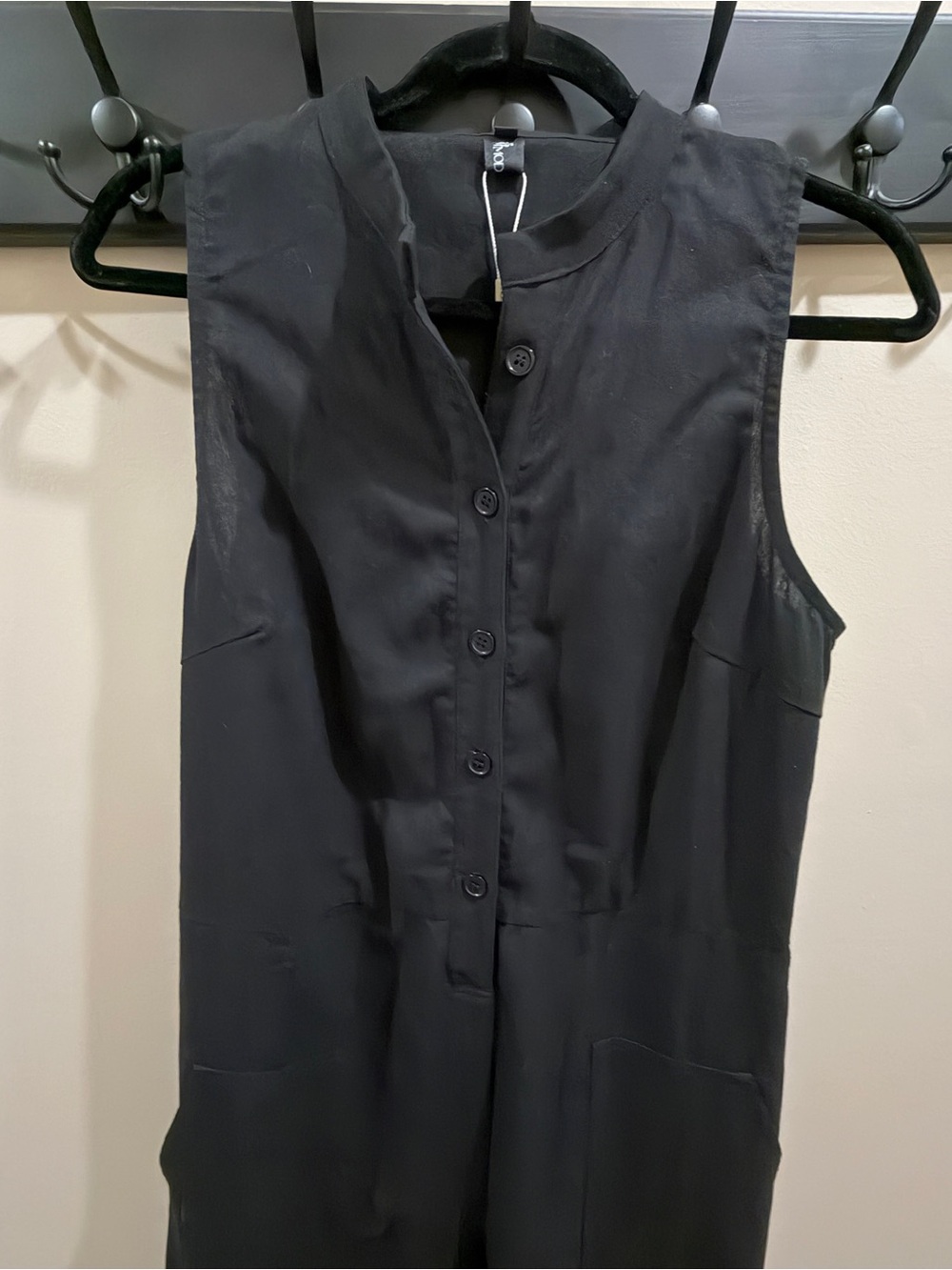 Women's Black Cotton Linen Sleeveless Collared Jumpsuit With Cargo Pockets Sz L - Picture 2 of 14
